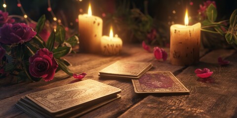 A mystical scene with candles and a tarot deck, embodying spiritual prediction and esoteric knowledge