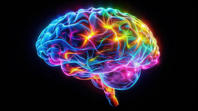 Colorful Neon Brain on Black Background: Ideal for Digital Art Projects with Copy Space