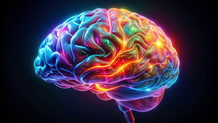 Colorful Neon Brain on Black Background: Ideal for Digital Art Projects with Copy Space