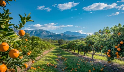Orange orchard in green grass, beautiful scenery, green nature
