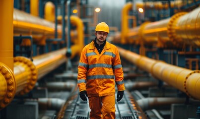 man engineer in uniform working and check outside factory of Large oil pipeline and gas pipeline in the process of oil refining and the movement of oil and gas