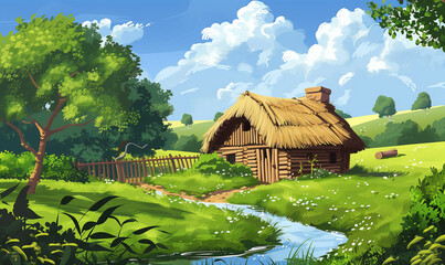 A thatched hut in the countryside, surrounded by green fields and trees, with a small river flowing nearby. The sky is a clear blue with white clouds drifting