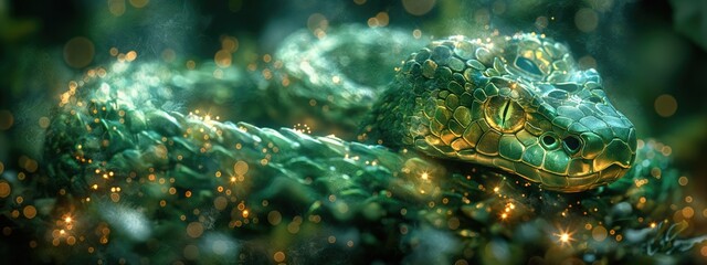 Obraz premium Iridescent Green Snake Coiled Among Glowing Particles in a Mystical Jungle Setting. Symbol of 2025 Chinese Zodiac, Chinese New Year, Year of the Snake.