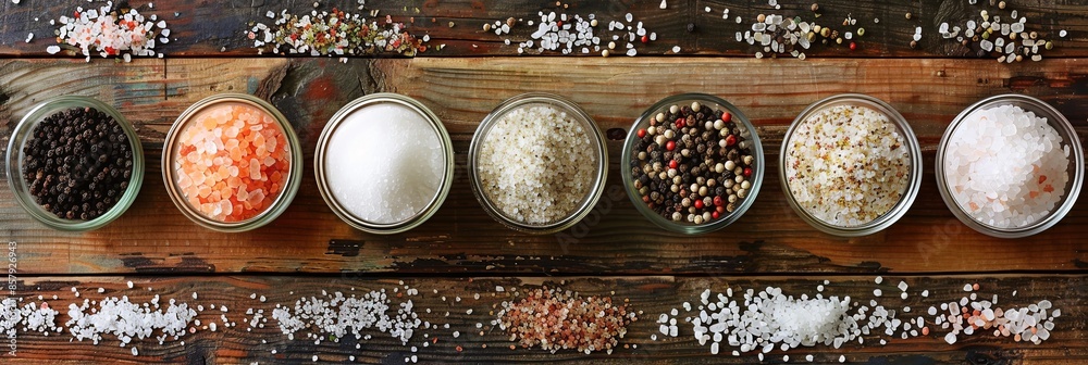 Poster a close-up image of various salts and peppercorns in glass jars and small bowls, displayed on a rust