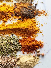 Close-up of vibrant spices like turmeric, coriander, and paprika on a white surface creating a visually appealing scene with colors and textures. Generative AI