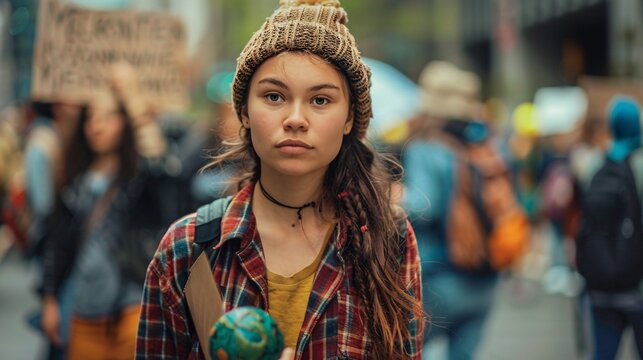 A powerful image of a protestor holding a sign advocating for environmental justice and sustainable finance, capturing the passion and urgency of the movement.