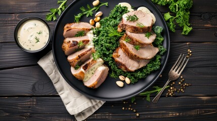 A plate of roasted pork tenderloin served with a side of kale salad and topped with walnuts