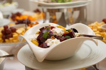 Buffet table on a white tablecloth
