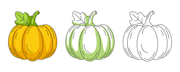 Pumpkin, colorful and line icons set. Farm vegetable vector outline icon, monochrome and color illustration. Healthy nutrition, organic food, natural product. For sticker, logo, coloring book