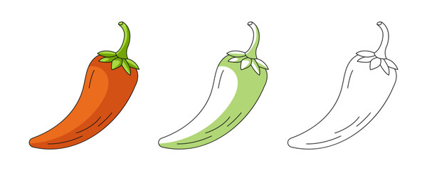 Chili pepper, colorful and line icons set. Farm vegetable vector outline icon, monochrome and color illustration. Healthy nutrition, organic food, hot spice. For sticker, logo, coloring book