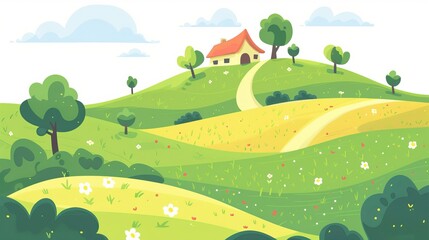Naklejka premium Rolling hills with gentle slopes and patches of green meadows. Dotted with small farmhouses, barns, and windmills. A clear blue sky with fluffy white clouds overhead.