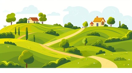 Obraz premium Rolling hills with gentle slopes and patches of green meadows. Dotted with small farmhouses, barns, and windmills. A clear blue sky with fluffy white clouds overhead.