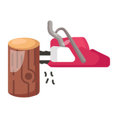 Obraz premium Power chainsaw cutting wood plank of felled tree trunk concept, Electric Log Cutter limbing vector color icon design, timber and lumber Symbol, Forestry Deforestation Signmill yard and sawworks stock