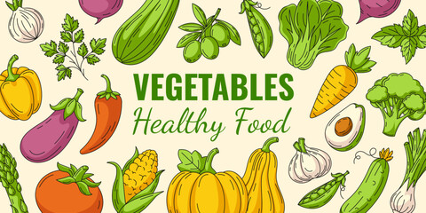 Vegetables background, vector colorful line veggies icons frame. Fresh and healthy farm products, organic, natural food. Horizontal banner, isolated background, space for text. For poster, menu, flyer