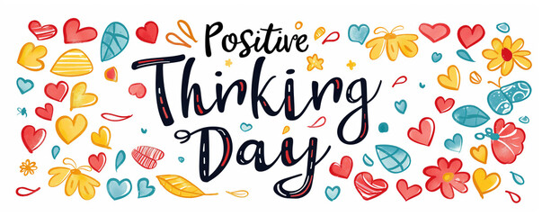 Colorful Positive Thinking Day Artwork with Hearts, Flowers, and Leaves.