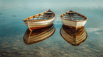 Close-up shot of two old row boats reflected in the sea water