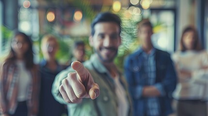 A young male businessman stands pointing straight ahead on the screen
