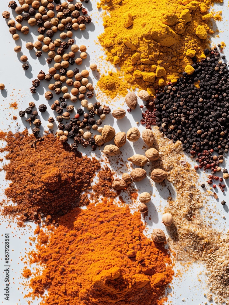 Poster close-up photo of turmeric, coriander, and paprika spread on a white surface. arranged in rows, the 