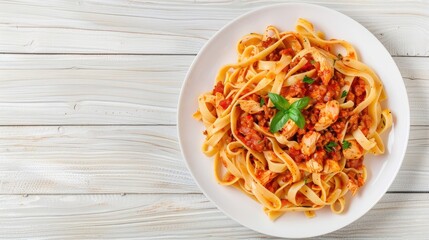 A plate of fettuccine pasta with bolognese sauce sits on a white wooden table, viewed from directly above