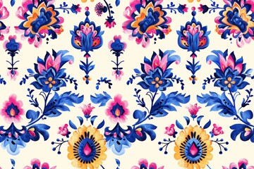 Floral Ikat pattern seamless embroidery background border Elegant and intricate design featuring vibrant floral motifs in a seamless arrangement with Ikat-inspired embroidery Perfect for textiles