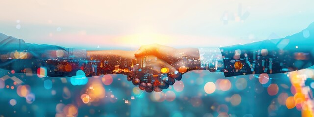 Double exposure photograph of businesspeople shaking hands with a cityscape and stock market overlays, symbolizing collaboration and success in marketing, on a white background.
