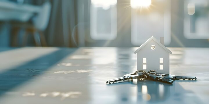 Symbolizing Homeownership White House Model Keys on Table in New Apartment. Concept Homeownership, White House Model, Keys on Table, New Apartment