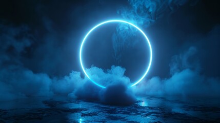Vibrant sci-fi neon laser circle, classic shape, glowing blue light, surrounded by cloud fog and steam, raw style, futuristic ambiance
