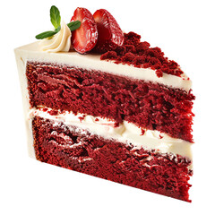 Close-up of a delicious slice of red velvet cake with creamy frosting and fresh strawberries on top, perfect for dessert lovers.