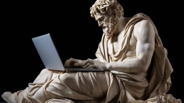A detailed statue of an ancient Greek philosopher or deity using a modern laptop, blending classical art with contemporary technology.