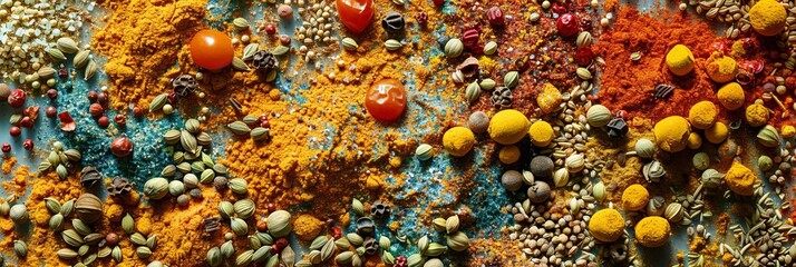A close-up view of assorted loose spices, including turmeric, coriander, and paprika, spread out on a white surface. Generative AI