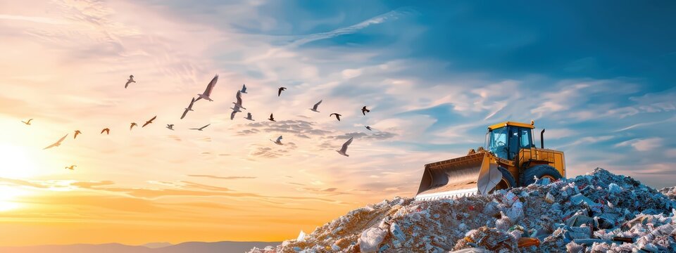 Landfill Site: A large landfill with bulldozers compacting waste, and birds flying overhead, showing the scale of waste management.