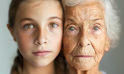 Young Girl and Elderly Woman Face to Face. Generative ai