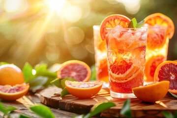 Blood orange and mint drinks with fresh slices on wooden board outdoors