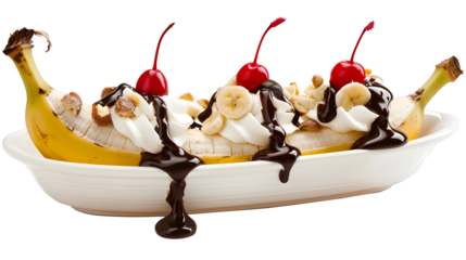 banana split with whipped cream and cherries isolated png transparent background