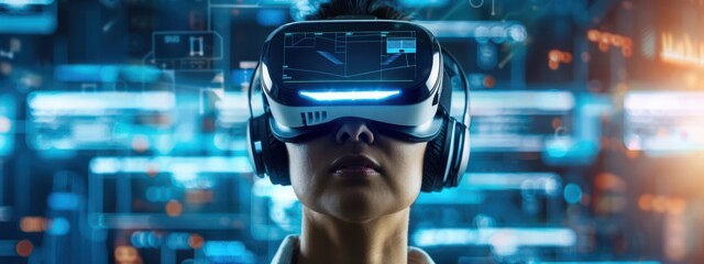 Virtual Reality: A person wearing a VR headset, surrounded by holographic interfaces and futuristic data displays.