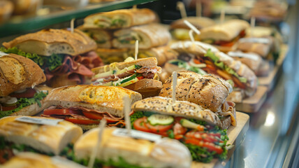 A close-up of a deli counter filled with gourmet sandwiches, each one different and appetizingA close-up of a deli counter filled with gourmet sandwiches. Ai generated