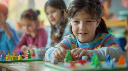Children playing educational board games in class