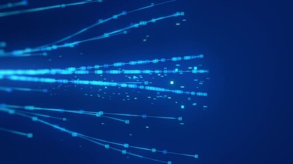 An illustration of a big data network with flowing interconnected blue nodes and lines, representing dynamic data exchange and processing.