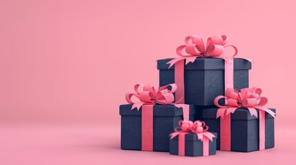 Obraz premium Dark gift boxes piled up, set against a pastel pink backdrop, raw and minimalistic style, strong contrast and detailed texture