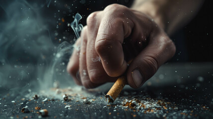 A male hand crushing a cigarette on a black background. Ai generated