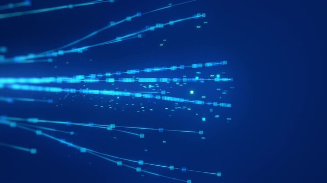 An illustration of a big data network with flowing interconnected blue nodes and lines, representing dynamic data exchange and processing.