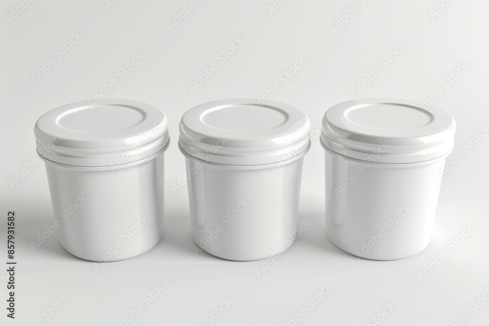 Poster three white containers arranged neatly on a white surface