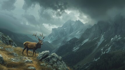 Obraz premium Deer in a stormy mountain landscape, raw style, emphasizing the majesty of wildlife against rugged terrain and dark clouds