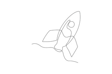 One continuous line drawing of Rocket flies so fast into space. Outer space and astronaut minimalist universe concept. Dynamic single line draw design vector graphic illustration