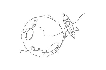 One continuous line drawing of Rocket passes over the moon in space. Outer space and astronaut minimalist universe concept. Dynamic single line draw design vector graphic illustration