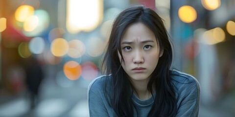 Obraz premium Feeling excluded and bullied Unhappy young Asian woman in a fictional city. Concept Bullying, Exclusion, Mental Health, Fictional City
