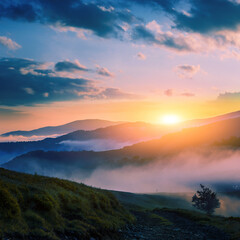 Fototapeta premium panoramic summer foggy scenery, scenic sunrise morning view in Carpathian mountains, Ukraine, Europe 