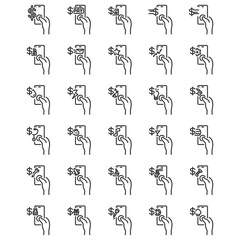 Set of line icons of hand using mobile applications for commerce and services.
