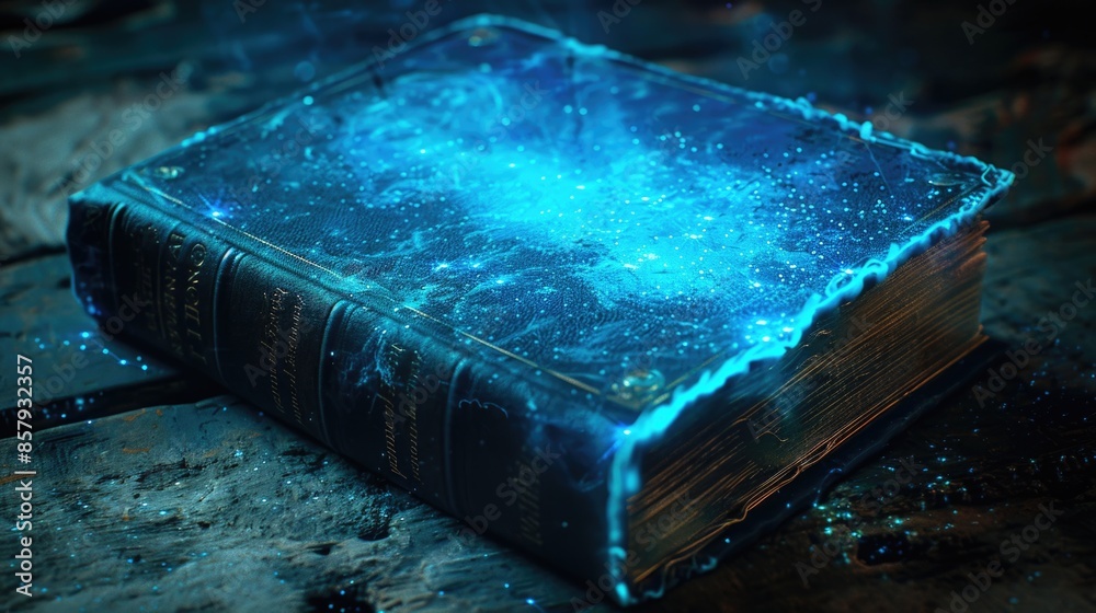 Poster a book with a glowing blue cover sitting on a rock, great for use as a symbol or metaphor in editori