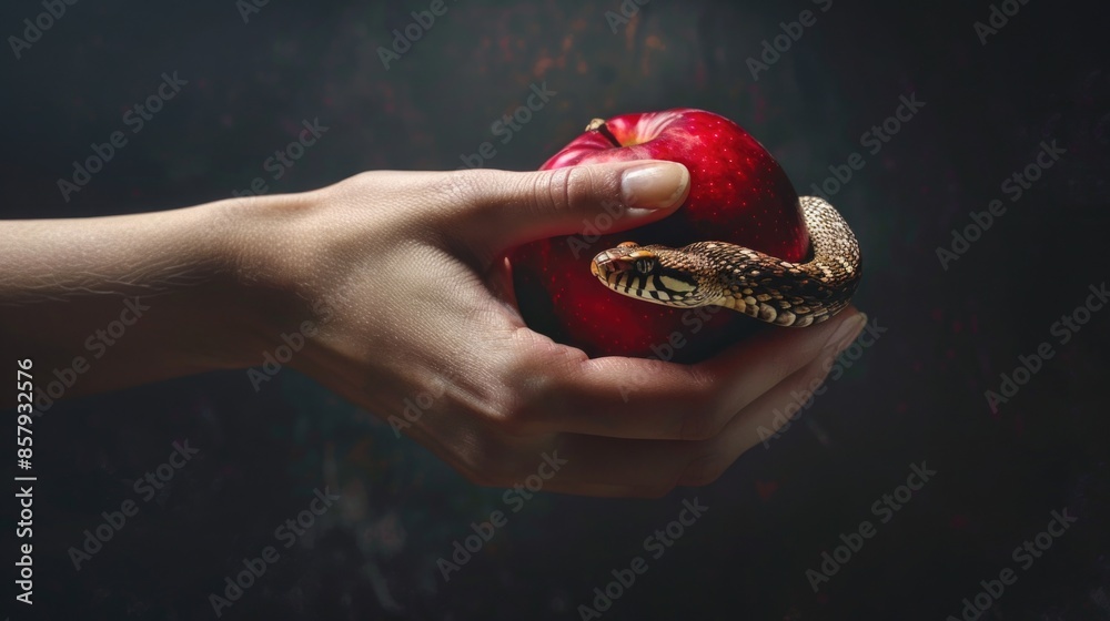 Aufkleber A person holds an apple as a snake wraps around it, suitable for use in nature, adventure or symbolism contexts